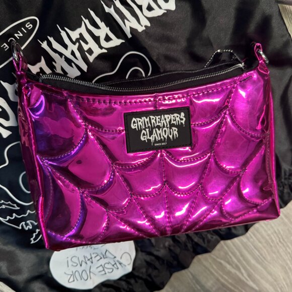 Grim Reapers Glamour Handbags - Grim Reapers Glamour Metallic Pink Spiderweb Hand/Crossbody Bag Purse